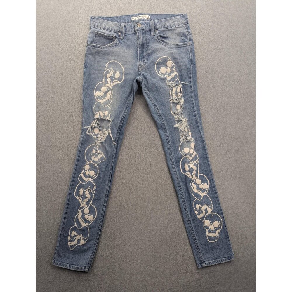 Broken Promises Jeans Mens 32x32 Blue Medium Wash Skinny Skull Graphic Denim